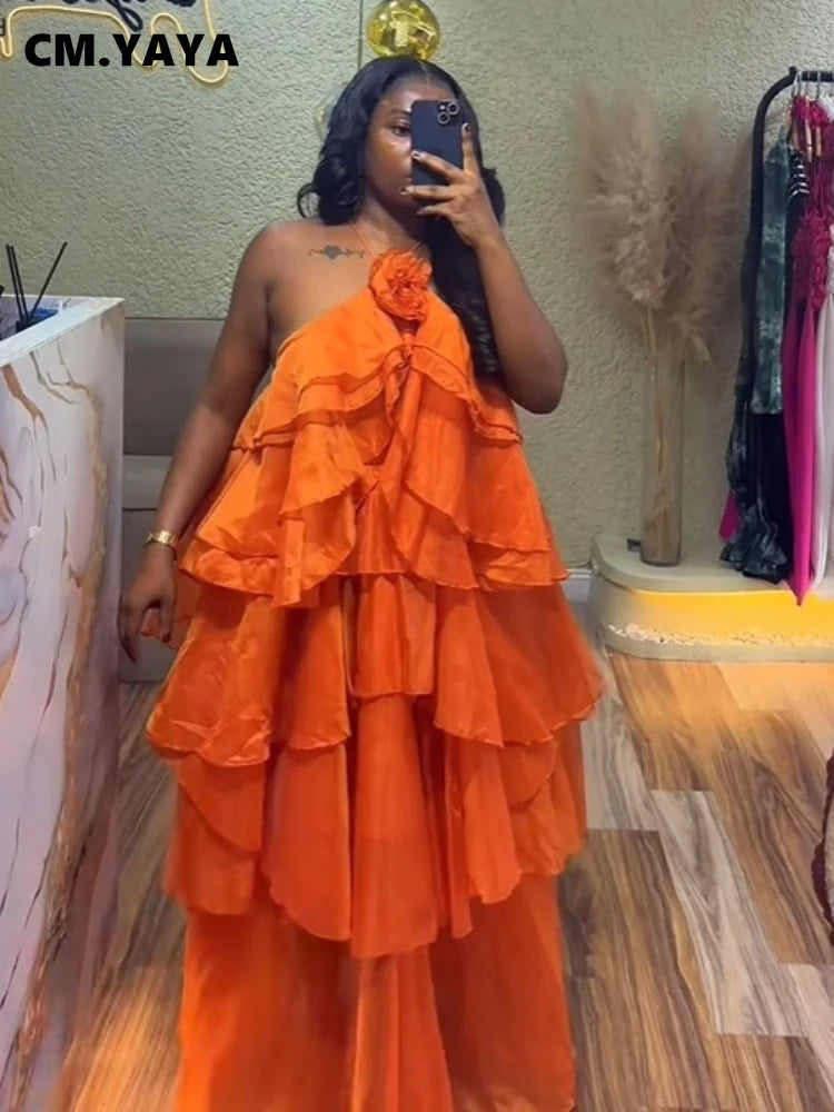 CM.YAYA Women Sleeveless Ruffles Loose Ball Gown Smock Strap Maxi Long Sexy Dress 2025 Birthday Vacation Party Dresses Vestidos