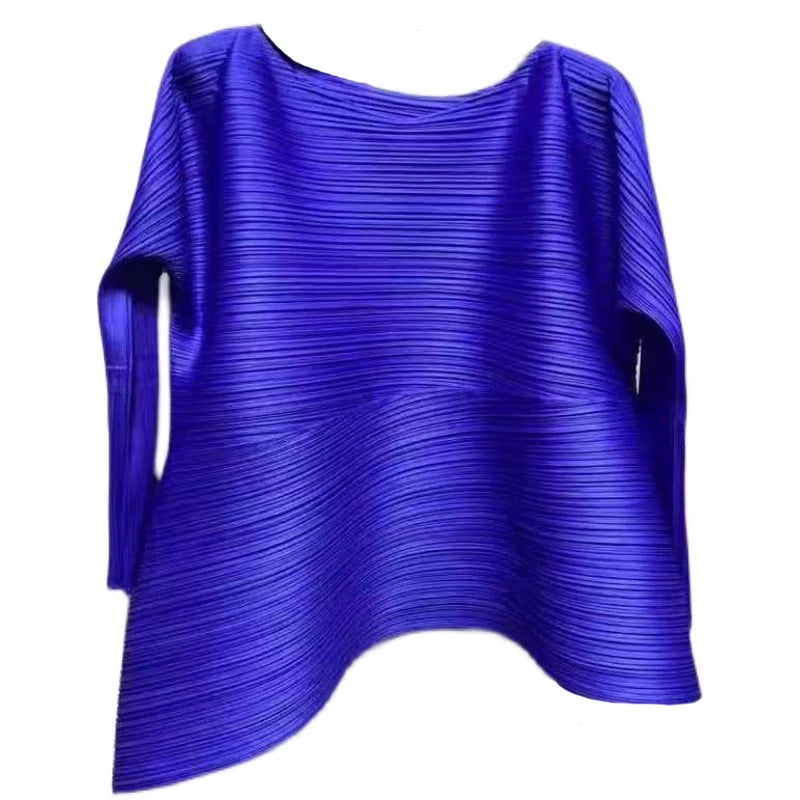Miyake Pleated Round Neck Irregular Top Women Loose Casual T-shirt
