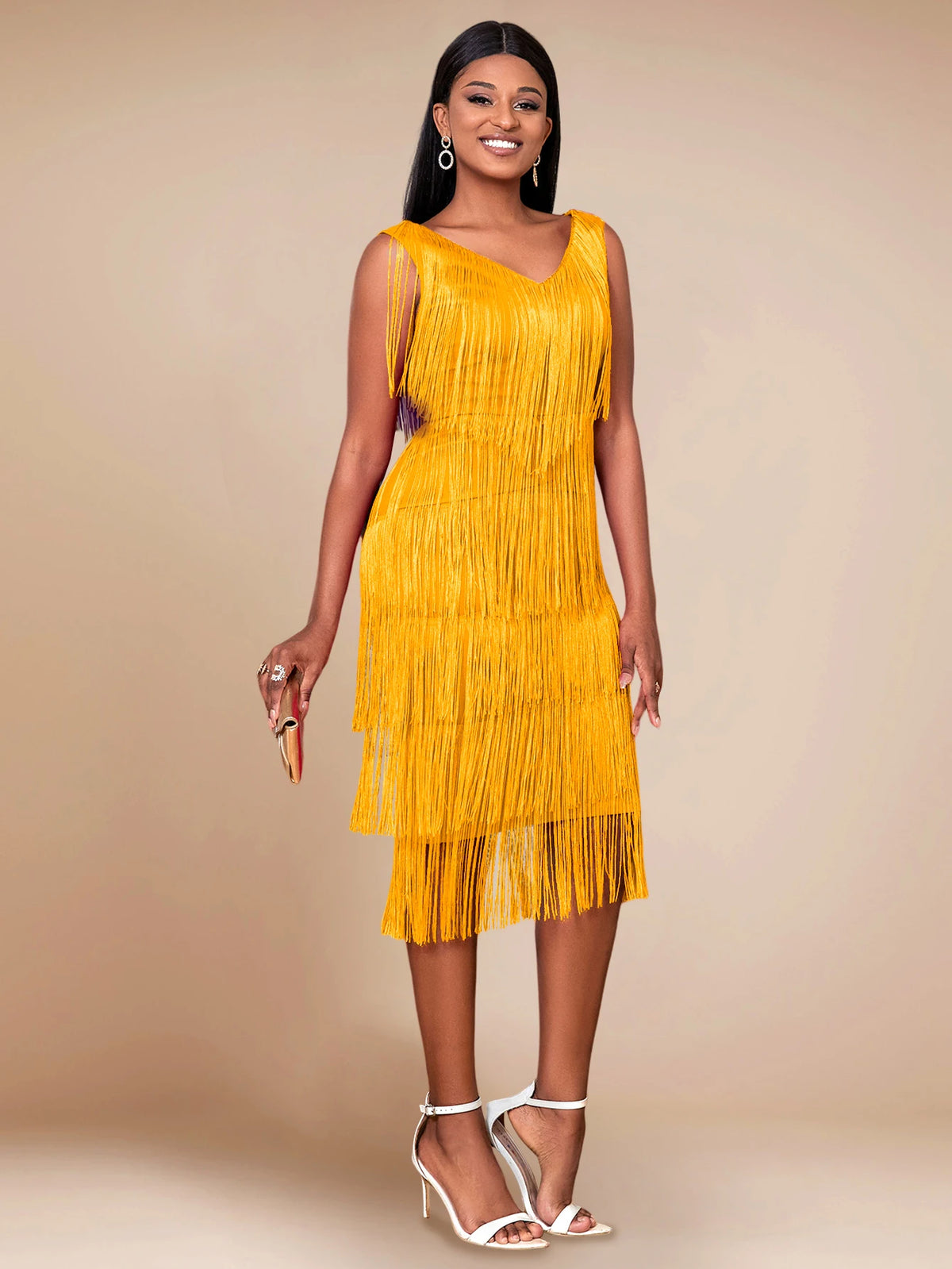AOMEI Tassel Dresses Party V Neck Sleeveless High Waist Women Fringe Dance Evening Birthday Gowns Sexy Club New African Robe