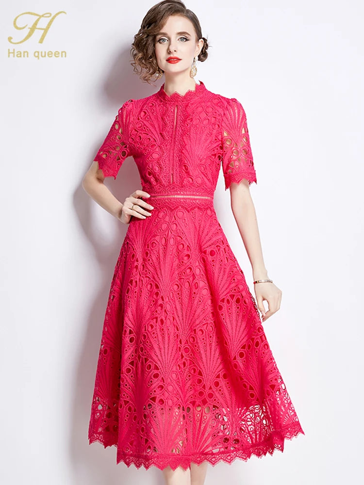 H Han Queen Spring New Elegant Casual Work Party Dresses Floral Crochet Hollow Out Lace Patchwork Casual Office Midi Dress
