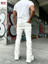 HME Men's White Denim Pants, Stacked Ripped Slim Flared Jeans with Layered Frayed Details