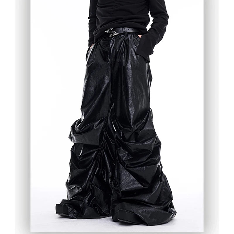 Mauroicardi Spring Autumn Cool Long Baggy Black Soft Pu Leather Wide Leg Stacked Pants Men Mens Designer Clothes Streetwear 2025