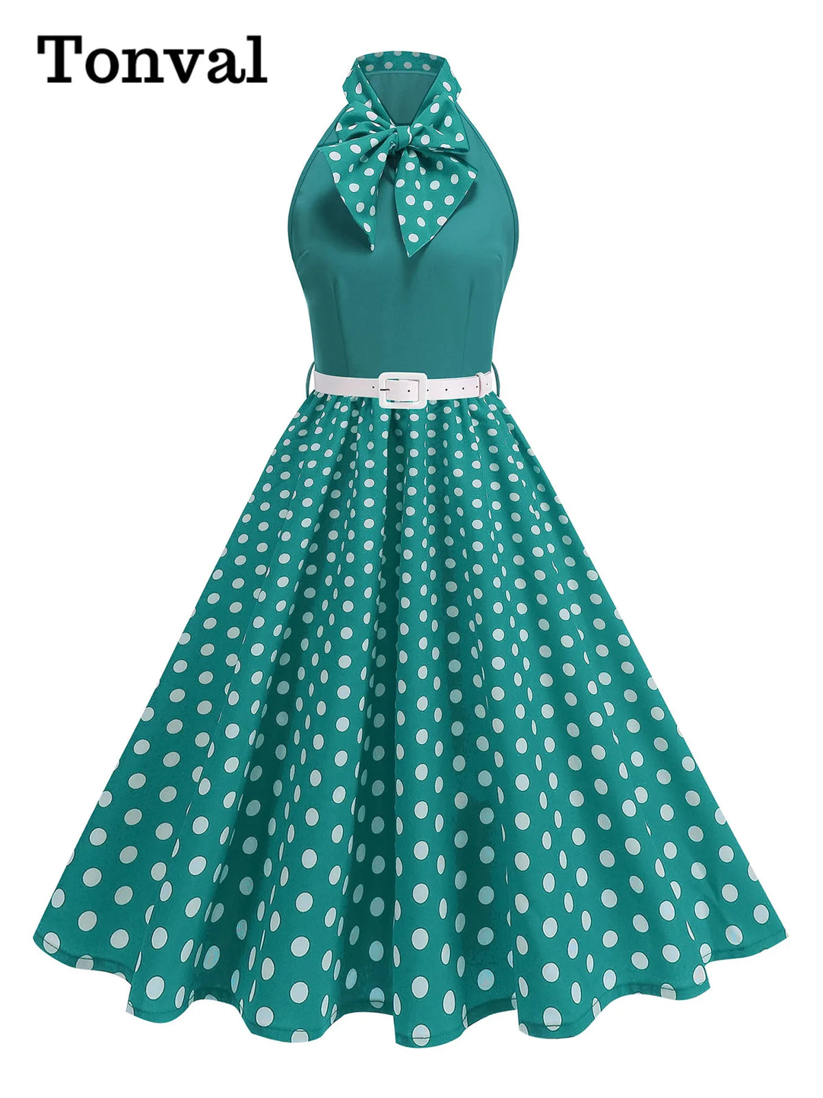 Tonval Bow Neck Halter Neck Polka Dot 50s Retro Party Clothes for Women Prom Vintage Cosplay Christmas Sleeveless Dresses