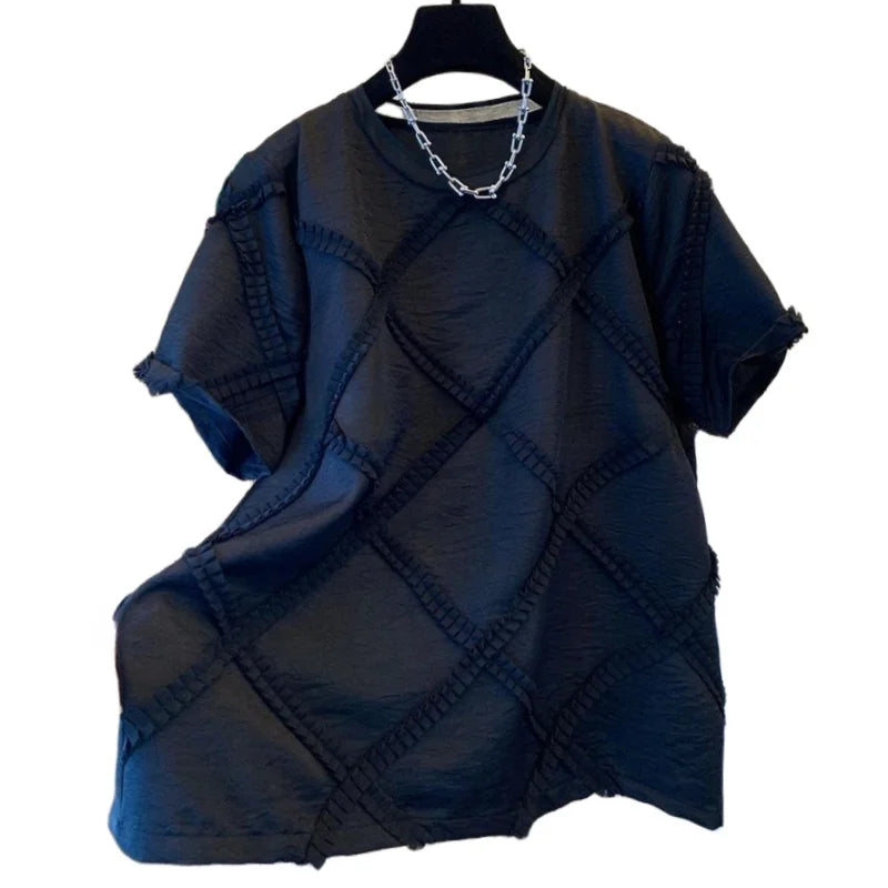 Elegant Check Patchwork Blouse Women Short Sleeve T-shirt 2025 Summer T-shirt Fashion Loose Casual O-neck Tops