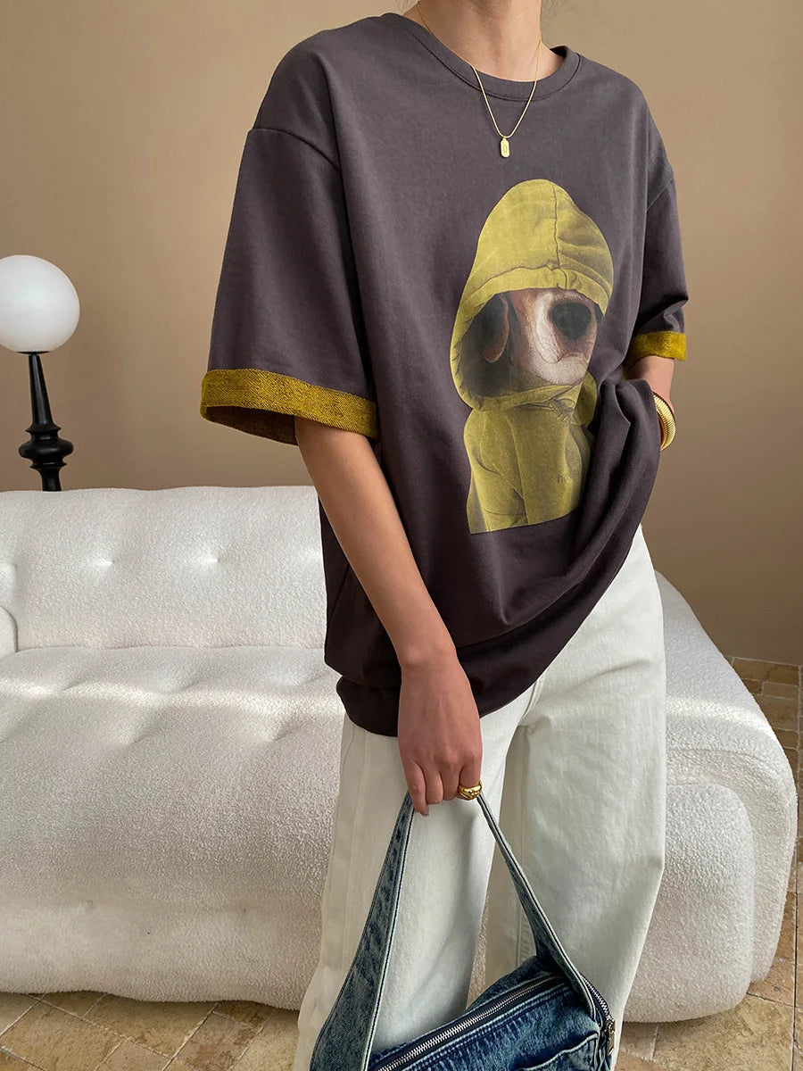 Spring women's casual cartoon printed round neck short sleeved loose T-shirt