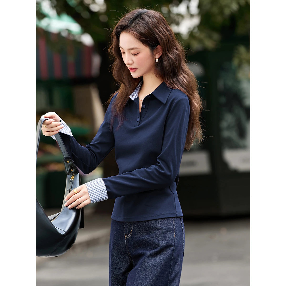 VIMLY Long Sleeve Knitted T-shirt Autumn 2026 Woman Casual New Turn-down Neck Gingham Cuff Strecth Female Tees Ladies Tops A2105