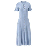 Vintage Cable Knit Midi Dress Button Front Ruffled Short Sleeve Pocket Design Elegant Party Casual Knitted Dress