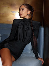 Black Pleated Shoulder Pad Dress Women Fashion Full Sleeve High Collar Slim Mini Dresses 2026 Lady Daily Commute Elegant Gowns