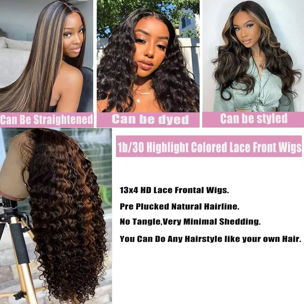 250Density 1B/30 Highlight Deep Wave Frontal Wig 13x6 HD Lace Curly Wigs Water Wave Human Hair Wig 13x4 Highlight Wig Human Hair