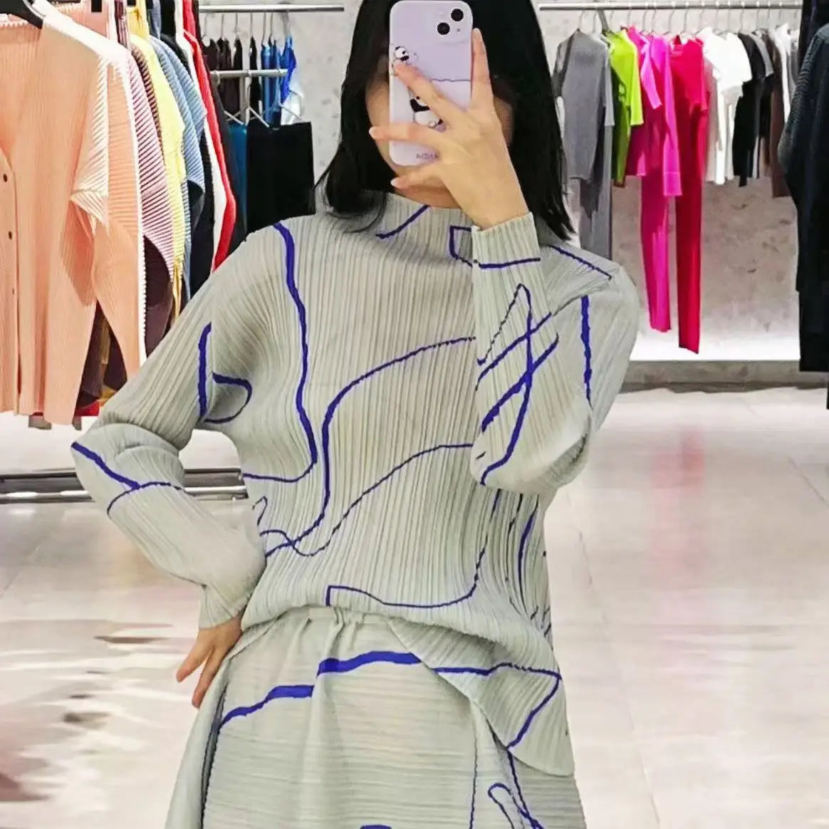 Miyake Pleated Classic High Quality Top Line Print Designer Half Turtle Neck Long Sleeve Pleated T-Shirt