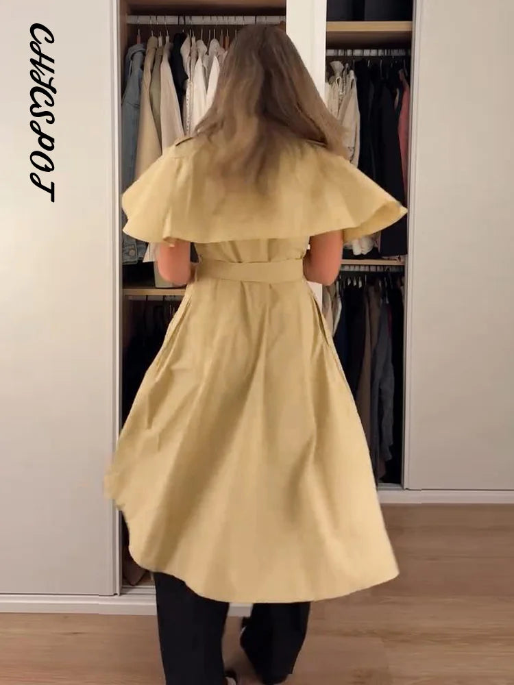 Lapel Cape Sleeve Lace Up Long Sleeve Women Elegant Epaulet Oversized Waist Cinching Pleated Shirt Dresses Chic Ladies Partywear