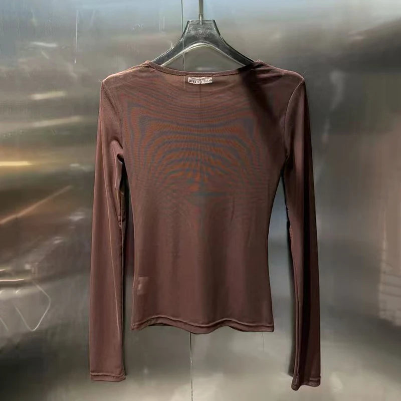 KUCLUT Fashion New Items Sequin Long Sleeve T-shirt For Women Slim Fit Casual Style Perspective Tops Female Trendy 1A2475