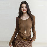 MISHOW Women's Solid Long‑Sleeve T‑Shirt 2026 Autumn U‑Neck Soft Knit Tees Waist‑Ruched Basic Versatile Casual Tops MXF41T3155