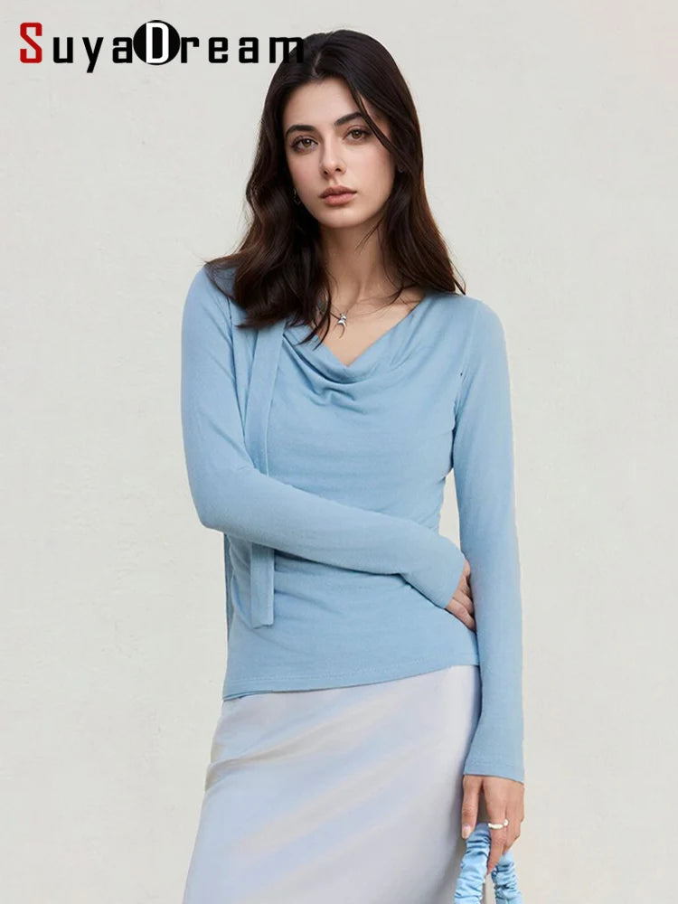 SuyaDream Women T Shirt, Wool Cotton Blend, Dropped Collar, Elegant Ribbon Tee, 2026 Fall Spring Solid Chic Top