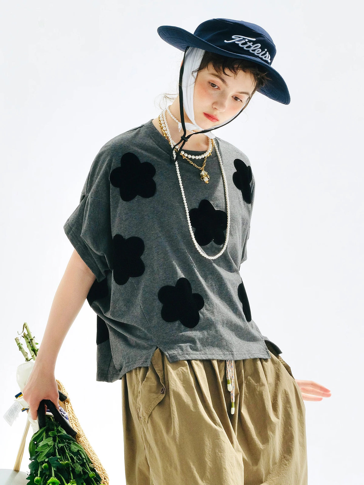 Tops 2025imakokoni summer original design literary flocking applique drape large version T-shirt 255180