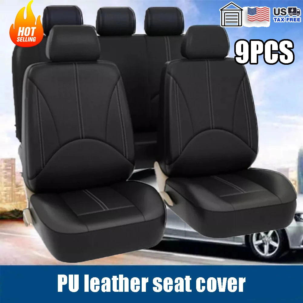 9pcs/Set Car Seat Cover Universal Leather Black Seat Protector Cover Complete Set of All Seasons Car Interior Accessories