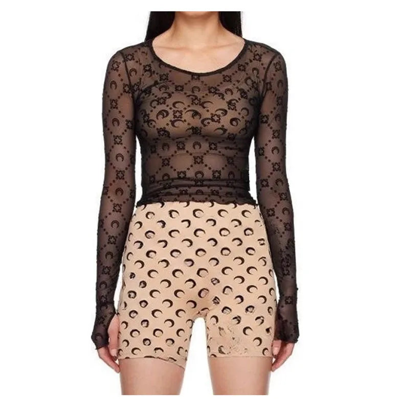 Sexy Top Women Long Sleeve Korean Sweet Spicy Hollow Out Mesh Plush Moon Print Perspective Design Mushroom Edge Tight Tshirt