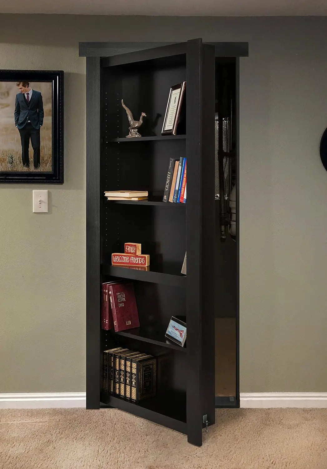 Custom Murphy Door Design: Contemporary Solid Wood Secret Bookcase Hidden Door-28" X 80" Flush Mount with Black High-Grade Paint