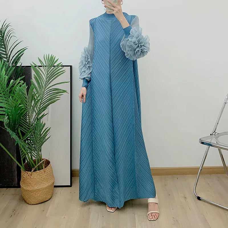 YUDX Luxury Purple Miyake Pleated High Neck Maxi Evening Dress, Ruffle Sleeve Women's Wedding Guest Ramadan Party Dress 2026 New