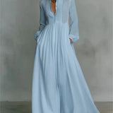 Women's Elegant Single Breasted Long Dress 2026 French High Waist Solid Pockets Pleated Maxi Evening Dress