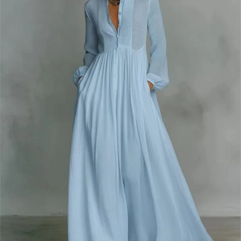 Women's Elegant Single Breasted Long Dress 2026 French High Waist Solid Pockets Pleated Maxi Evening Dress