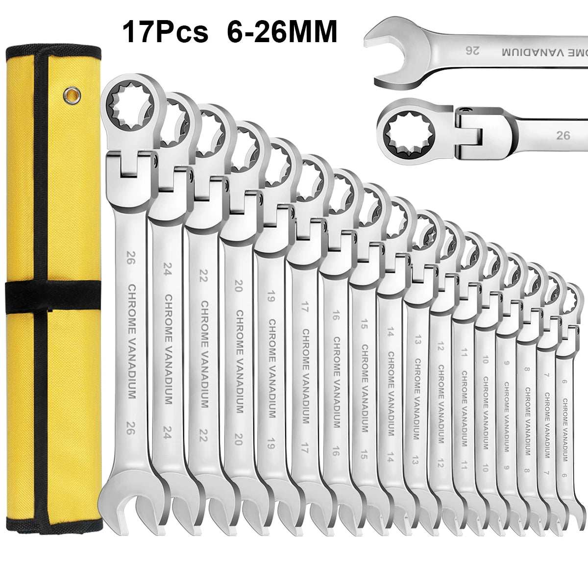 12/14/16/17pcs Flex-Head Ratchet Wrench Set, 6-26mm, 72 Teeth, Cr-V Constructed Combination Ended Span Kit with With Rolling Pou