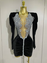 Luxury Sparkly Crystals Sexy Mesh White Velvet Short Dress 2025 Women Elegant Evening Prom Birthday Party Dresses Stage Costume