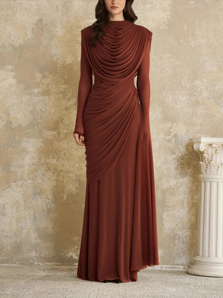 Solid Draped Neckline Long Dress Women Elegant Full Sleeve Cinched-waist Pleated Bodycon Robe 2026 Lady Chic Evening Dinner Gown