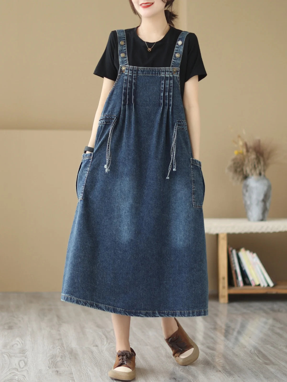Retro Blue Denim ter Dr Women's Summer Dstring Waist Cinching Slimming Strap Dr Ele Lady Sle A-Line Midi Dr
