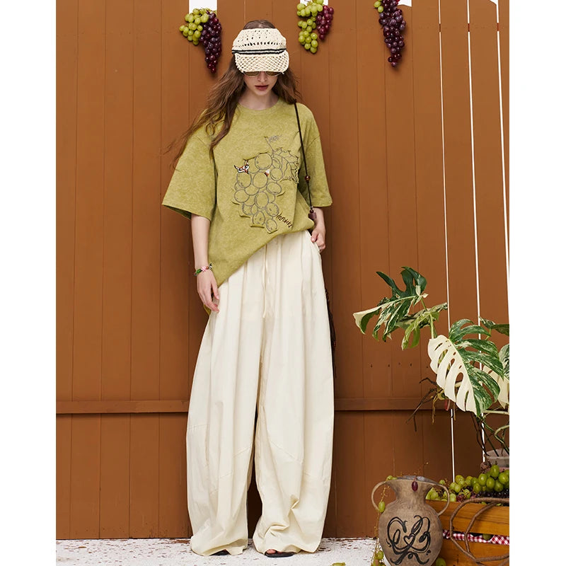 ELFSACK Vintage Washed Grape Print T-Shirt Women Summer Loose Mid-Length Casual Top Design Graphic Tee