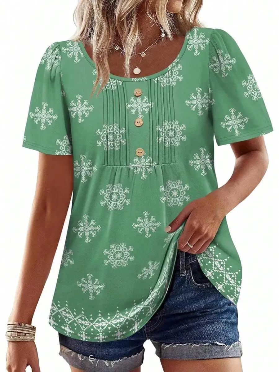 Womens Casual Short Sleeve Top With Snowflake Print Front Button Pleated Design