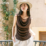 ELFSACK Women's Elegant Sleeveless T‑Shirt with Draped Neck & Polka Dot Lining, Regular Fit Summer Tee, Casual Layering Tops