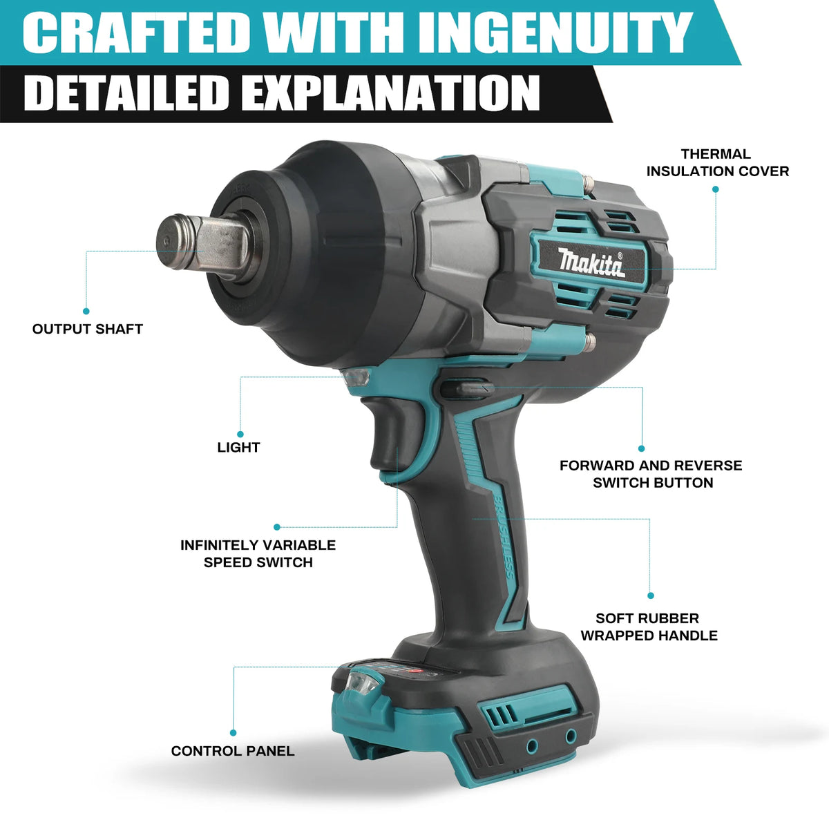 Makita Style 18V Brushless Impact Wrench 1300N.m Torque Stepless Speed Control Electric Wrench for Heavy Duty Maintenance