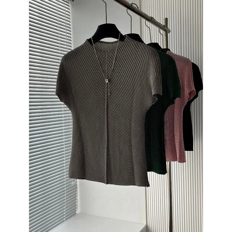 Miyake Pleated T-Shirt 2026 Luxurious Solid Pleats Short Sleeve T-Shirt Summer New Versatile Slim Elegant Round Neck Top Women