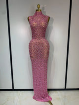 Sparkly Gold Rhinestone Sleeveless Stretch Long Dress Women Sexy Mesh Celebrate Evening Prom Birthday Dress Photo Shoot Wear