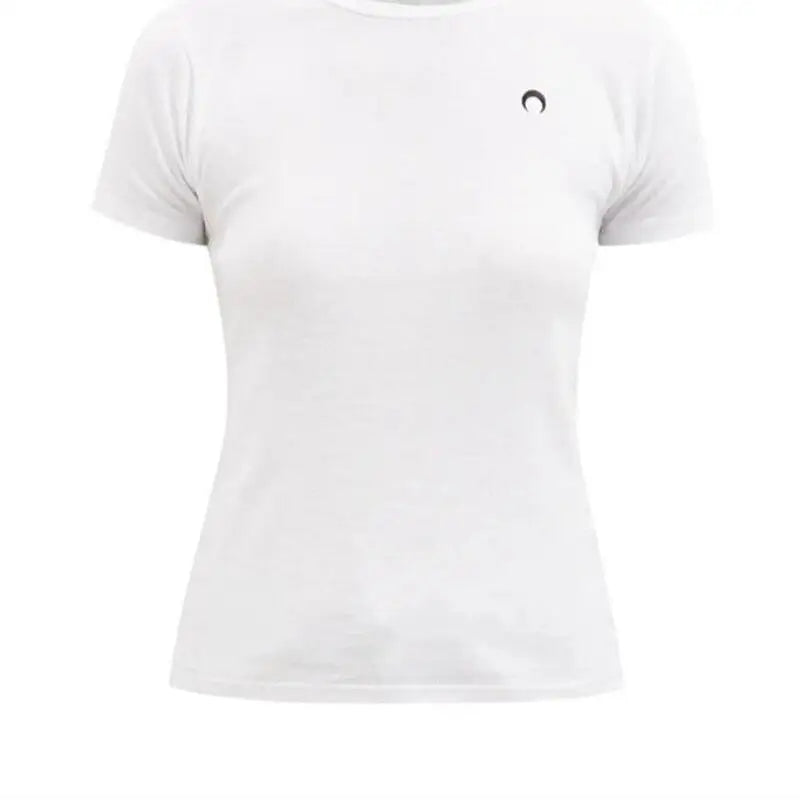 Retro Basic T Shirt Women Embroidered Moon European American Classic Short Sleeve Summer Slim Fit Elastic Crescent Round Neck