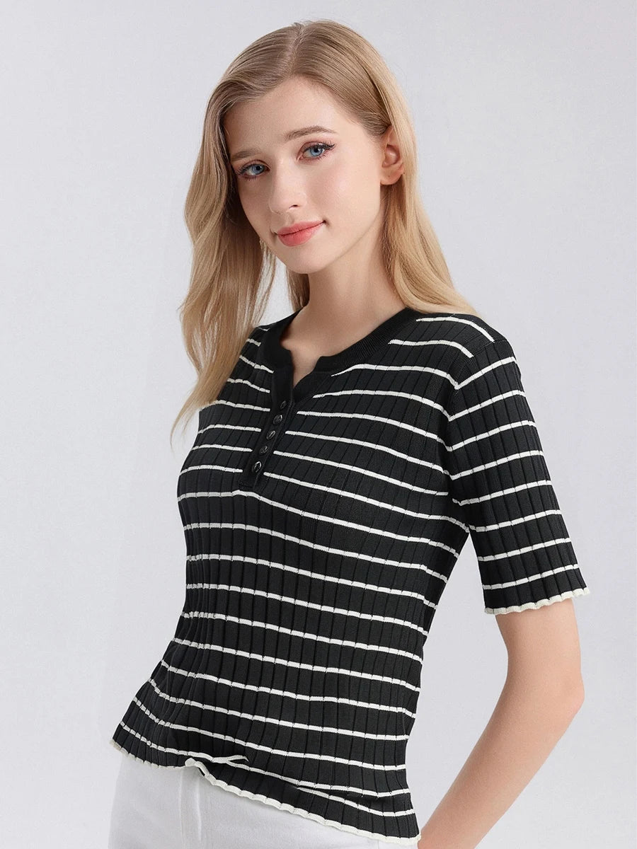 SuyaDream, Women Strips T Shirt, Round Neck, Short Sleeves Chic Shirt, 70%Silk 30%Cotton, 2025 Spring Summer Cozy Top