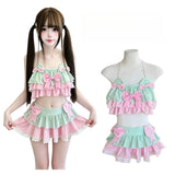 New Coquette Sweet Kawaii Lolita 2 Piece Swim Set Women Slim Fit Bow Ruffle Polka Dot Lace Trim Strap Cute Beach Vacation Outfit