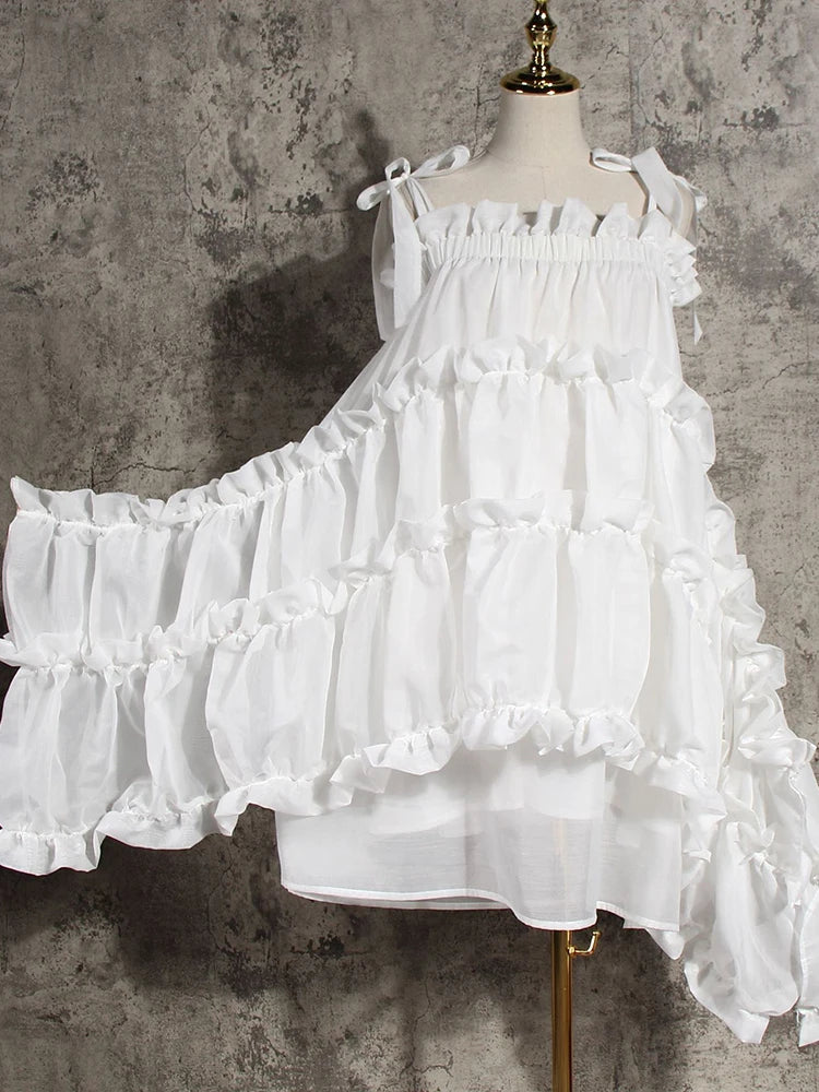 [EAM] Women Irregular Ruffles Spaghetti Strap Dress New Round Neck Long Sleeve Loose Fit Fashion Tide Spring Autumn 2026 1W571