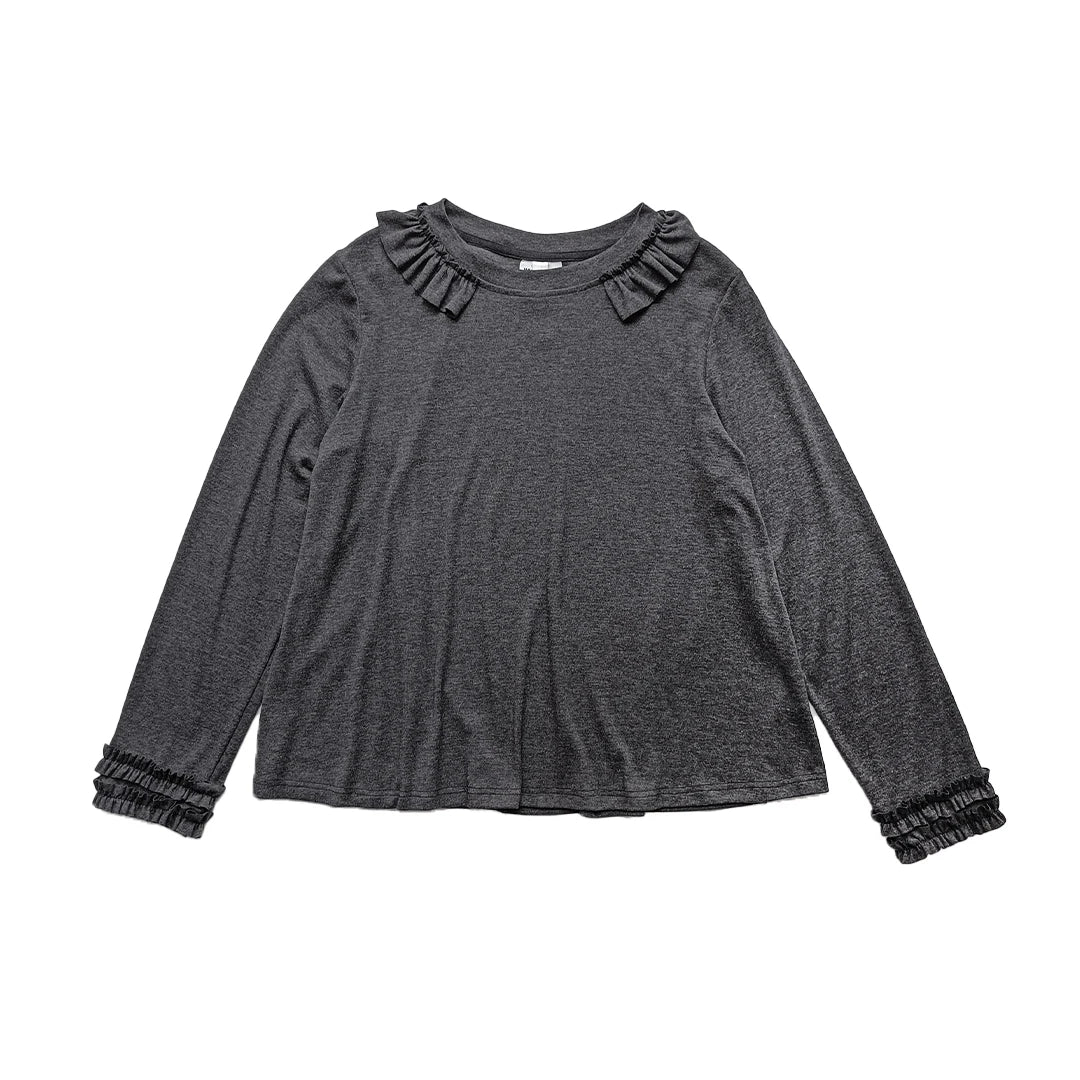 imakokoni Dark Grey Ruffle Stitching Crewneck Long Sleeve Casual T-Shirt Women's T Shirts And Polos Female Clothing for Women