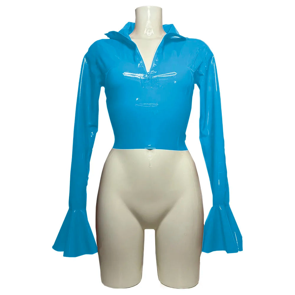 Punk Chic Flare Crop Tops,Long Sleeve,Vintage Pole Dance,Shiny PVC Leather T Shirt,Nightclub Fashion Tees,Female Pullover Blouse