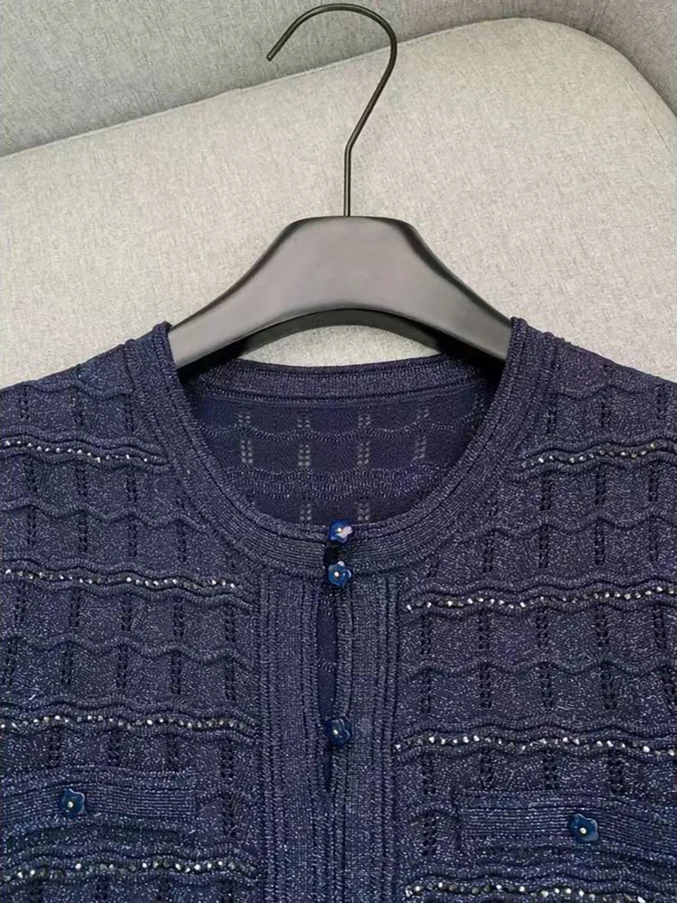 High Quality New Fashion Dark Blue Temperament Knit Long Dress Women Elegant O-neck Hollow-out Short Sleeve Slim Robe Ladies
