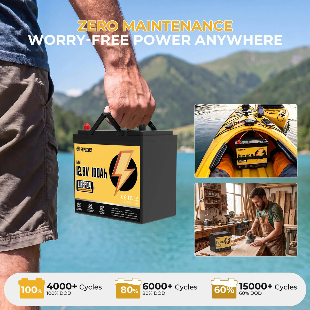 RVPOZWER 1/2PACK Mini LiFePO4 Lithium Iron Phosphate Battery, Built‑in 100A BMS Protection,Deep‑Cycle,Long‑Lifespan,Compact & Portable Energy Storage Battery for RV,Boat,Yacht,Travel Trailer,Camper Van,Home Emergency Backup Power,12.8V 100Ah