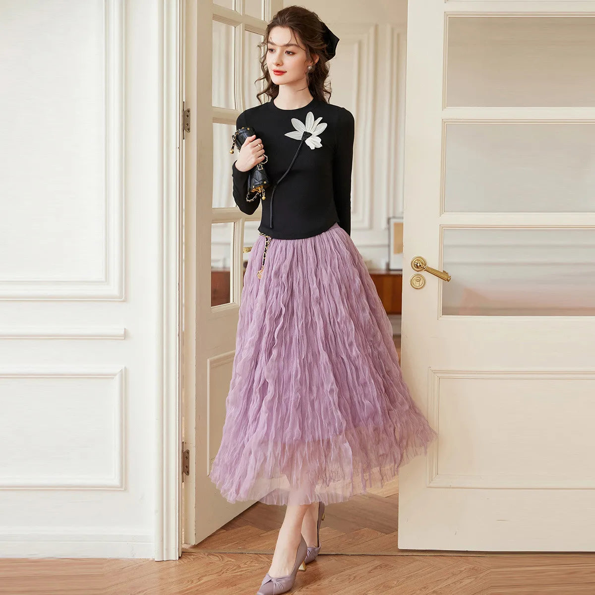 LOUIS YAO 3D Floral Embellished Women's T-Shirt 2026 Spring Micro Elastic Regular Shoulder Tee Slim-Fit Long-Sleeve T-Shirt