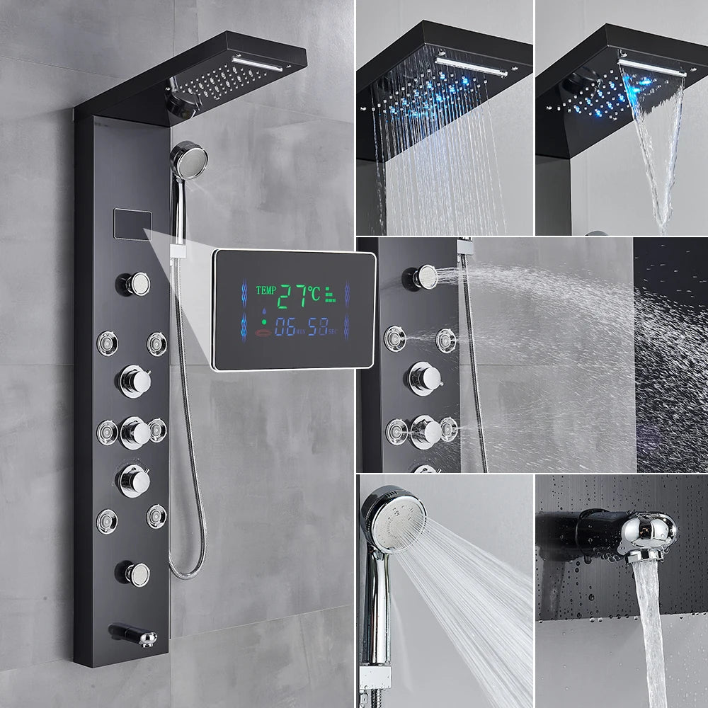 Golden Black Shower Panel Wall Rain Waterfall Shower Faucet Bathroom Shower Set APS Body Spray Jets Plastic Handshower Head