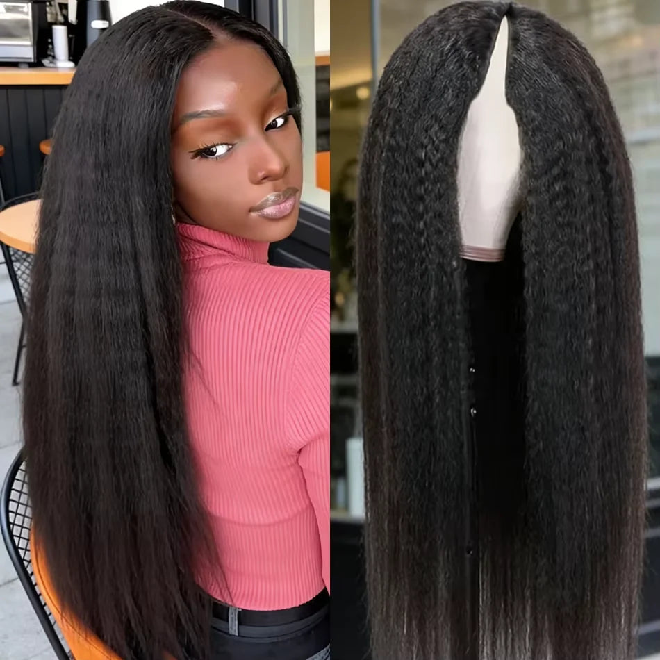 30 32 Inch Long Kinky Straight Drawstring U Part Wigs Human Hair Wigs V Part Yaki Straight Wigs For Women Daily Use Full Machine Made Wigs