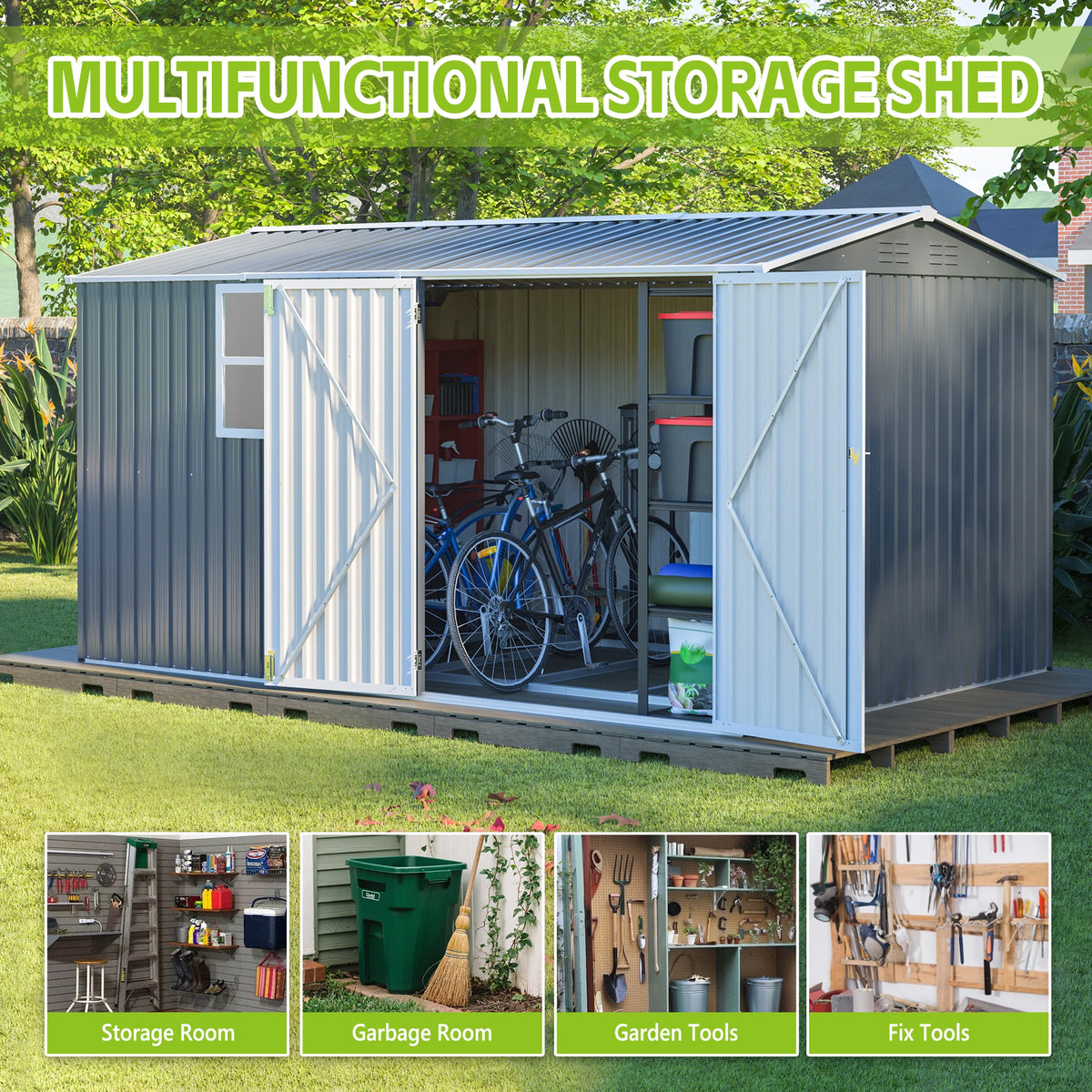 8x12 FT Heavy-Duty Steel Outdoor Storage Shed with Window, Hinged Gray Doors & 4 Air Vents for Backyard/Garden/Patio