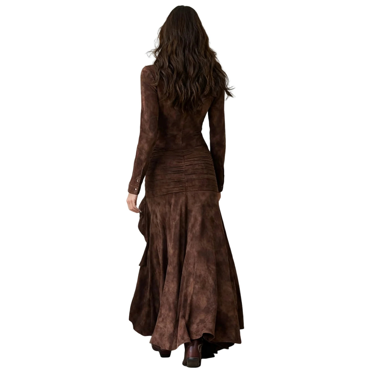 Fall Long Sleeve Button Western Dress Winter Wrap Asymmetric Ruffle Maxi Dress Trendy Flowy High Low Hem Cowgirl Elegant Dress