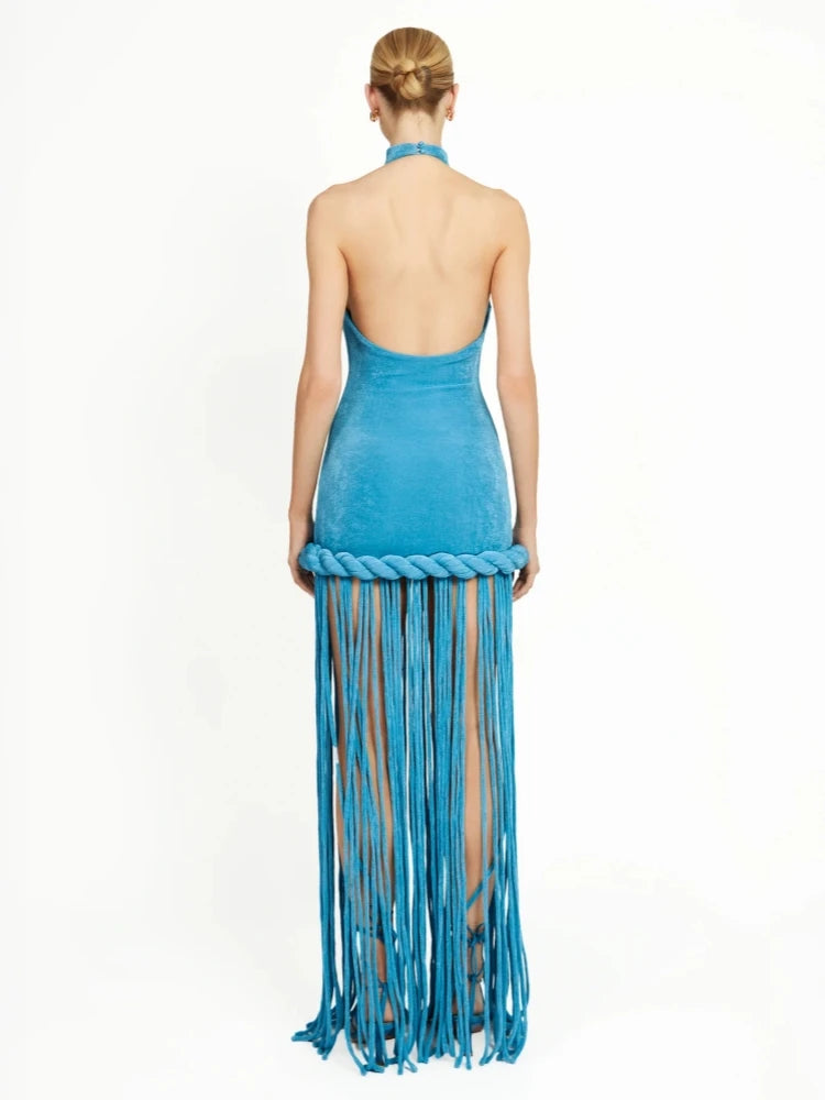 Sexy Halter Neck Patchwork Twist Knot Tassels Long Dress Women Blue Velvet Sleeveless Backless Dresses Evening Party Cocktail