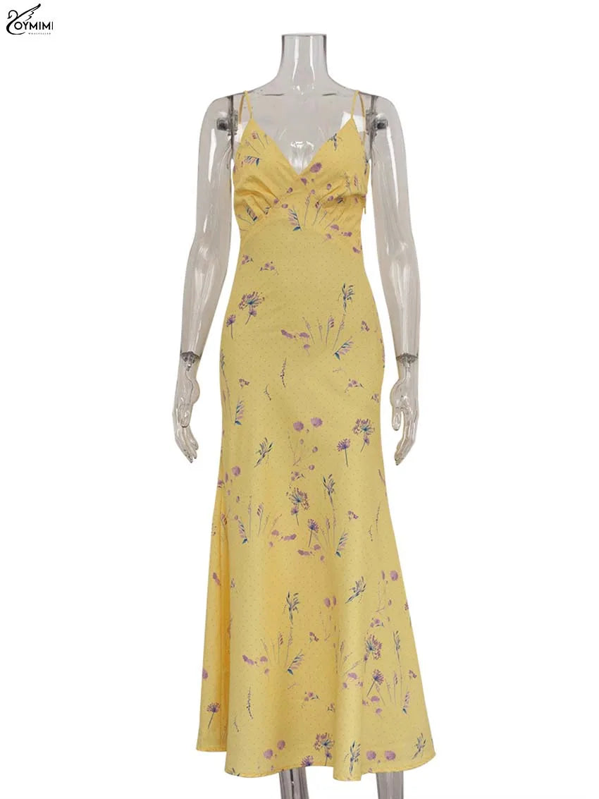 Oymimi Casual Yellow Print Women's Dress Elegant Spaghetti Strap Open Back Dresses Autumn Fashion High Waist Ankle-Length Dress
